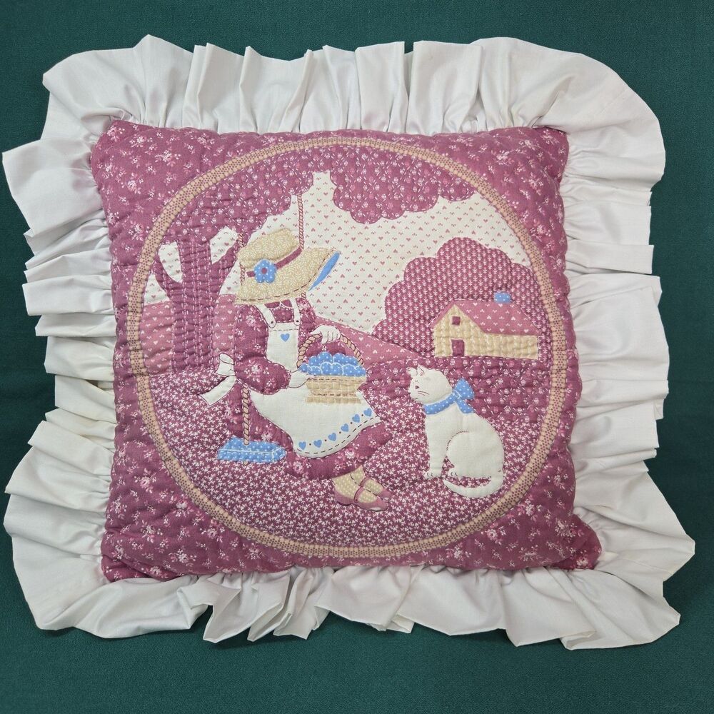 VTG Handmade Quilted Pillow Cat & Sunbonnet Sue Mauve w Ruffle Cottagecore 80s
